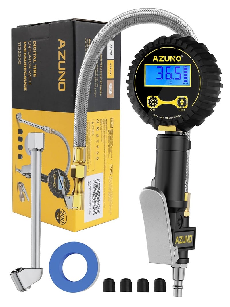 AZUNO Digital Tire Inflator with Pressure Gauge, 200 PSI (0.1 Res) w/LED Flashlight, Heavy Duty Air Compressor Accessories 7pcs Set, w/Lock on Air Dual Head Chuck and 90° Tire Valve - Image 1